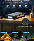 On The Go Solar Power Bank 20000mAh With Built In Cables 20W Fast Charge Portable External Battery Pack with LED light on table