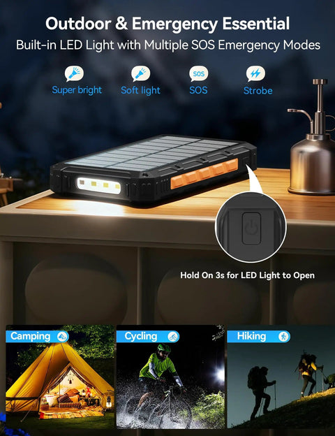 On The Go Solar Power Bank 20000mAh With Built In Cables 20W Fast Charge Portable External Battery Pack with LED light on table
