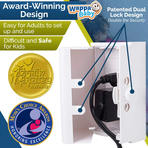 Dual Lock Outlet Cover Box For Baby Proofing 2 Pack Easy 3 Step Install with open box showing inside space for plugs