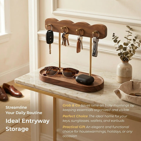 Lux Walnut Wave Entryway Organizer With Four Gold Hooks And Valet Tray For Keys Jewelry And Accessories shown on a table.