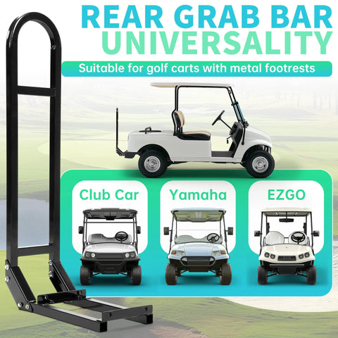 Universal Golf Cart Rear Seat Grab Bar And Safety Rail Handle For EZGO Club Car Yamaha TXT DS Fits Most Models displayed with golf carts