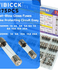 Fast Burning Glass Fuse Kit 275 Pieces With 15 Values, 6x30mm and 5x20mm fuses, 250V, kit with labeled compartments.
