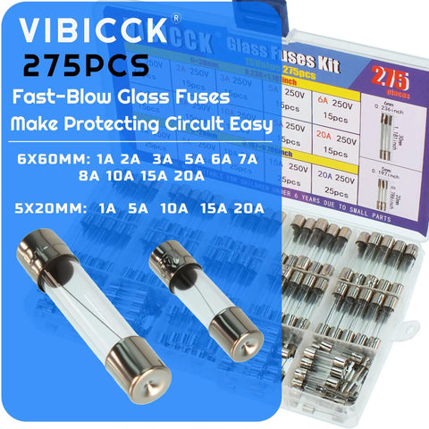 Fast Burning Glass Fuse Kit 275 Pieces With 15 Values, 6x30mm and 5x20mm fuses, 250V, kit with labeled compartments.