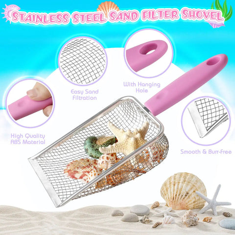 Ultimate Beach Treasure Hunt Kit stainless steel sand sifter and shovel with shells on sand