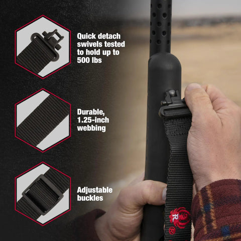 Built Tough Heavy Duty Two Point Tactical Rifle Sling With Quick Detach Swivels rated for five hundred pounds, featuring adjustable 1.25-inch webbing.