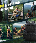 45L Fishing Backpack With Rod Holders And Rain Cover shown for fishing, hiking, cycling, and camping, highlighting versatile use.