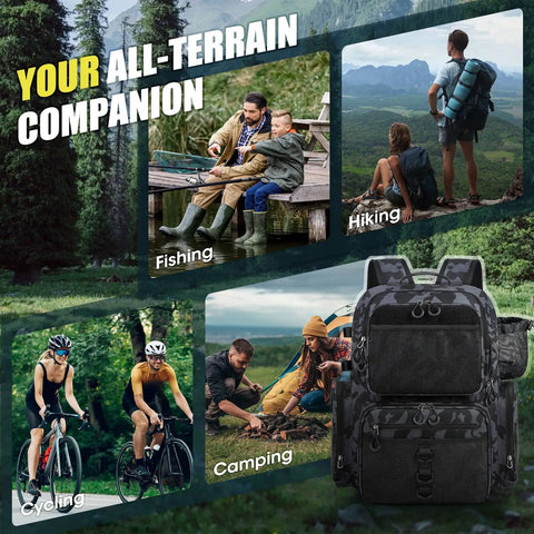 45L Fishing Backpack With Rod Holders And Rain Cover shown for fishing, hiking, cycling, and camping, highlighting versatile use.