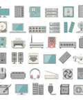 Illustration of various computer hardware components, including servers, routers, and printers, showcasing a range of devices.