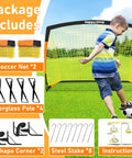Kids Backyard Soccer Goal Net 5x3.6 Feet Two Set For Home Practice And Family Fun Weather Resistant And Easy Setup Turn Your Yard Into A Mini Stadium For Focused Drills And Real Soccer Play package contents with child.