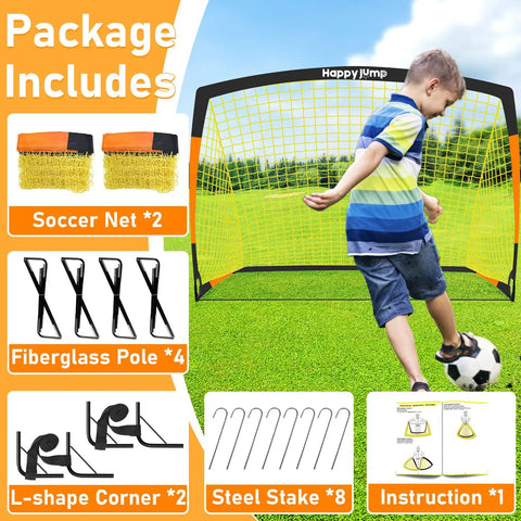 Kids Backyard Soccer Goal Net 5x3.6 Feet Two Set For Home Practice And Family Fun Weather Resistant And Easy Setup Turn Your Yard Into A Mini Stadium For Focused Drills And Real Soccer Play package contents with child.