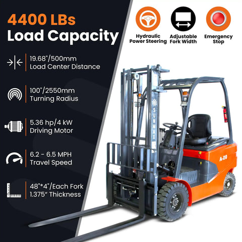 Electric Forklift A20 4,400 Lb Capacity, 118 Inch Lift Height with load capacity details, hydraulic power steering, and features shown
