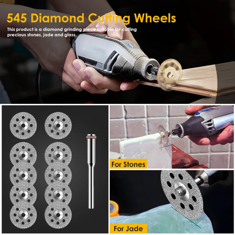 Rotary tool 44pc cutting wheel set with 6 HSS blades, 20 resin discs, 10 diamond wheels and 2 screwdrivers