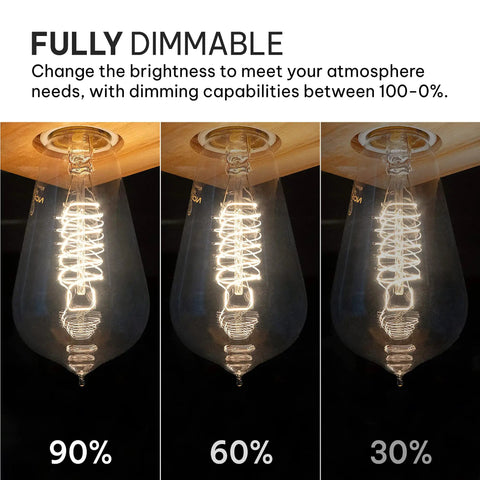 Vintage Edison Light Bulbs 60W 4 Pack ST58 Squirrel Filament Clear Glass E26 E27 Dimmable Warm White 2100K dimming levels 90% 60% 30%