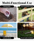 Image showing multi-functional uses for Go-To 4 Pack Garden Auger Drill Bits For Planting Set, including bulb planting, fence posts, umbrella stands, and ground lights.