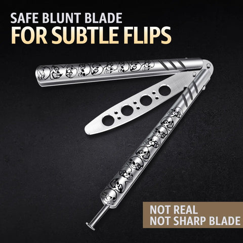 Balisong Trainer Knife Safe Practice Blade With Sure Spring Latch, silver skull pattern handles, unsharpened full metal dull trick toy