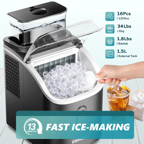 Countertop Ice Maker Machine With External Water Tank in use, showing ice scoop and open lid, black, ice cubes visible