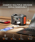 Portable Power Station 200W 40800mAh Backup Battery Pack With devices charging on a desk.