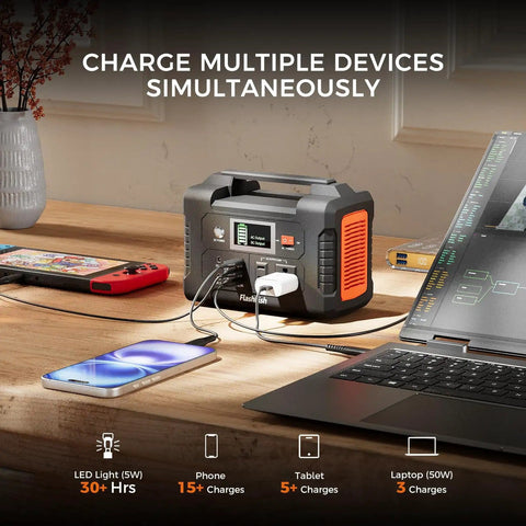 Portable Power Station 200W 40800mAh Backup Battery Pack With devices charging on a desk.