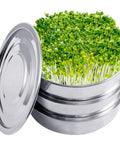 Stainless Steel Seed Sprouting Kit, 3-Tier Microgreens Growing Tray Set With 7.9 Inch Diameter, sprouts growing in stackable trays.