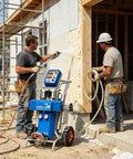 Pro Polyurethane Spray Foaming Gun Machine Dual Proportioner For Expanding Insulation Foam Canister System in use by two construction workers.