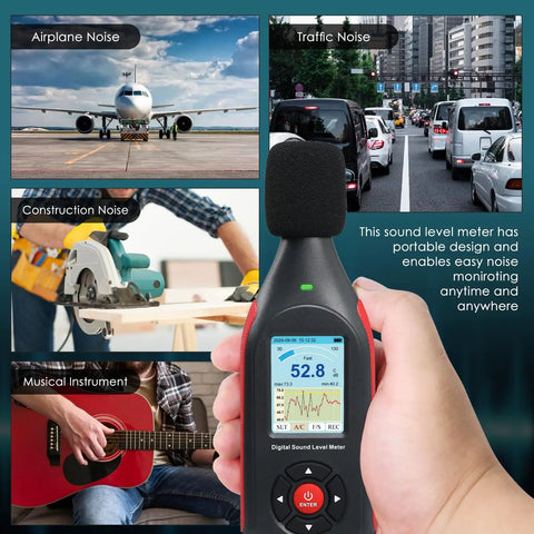 Pro Grade Portable Decibel Meter With Data Logger And 43,000 Record Capacity, 30-130 dB Range, Three Color Alarm Lights, AC Frequency And DC Output, Great For Home, Shop, And Factory Noise Monitoring. handheld digital sound level meter