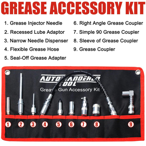 Grease Gun Tip and 9-Piece Quick Connect Coupler Kit with Pouch, Pro Grade Grease Fittings Set in display case