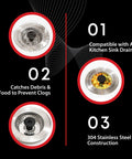 Revolutionary No Clog Sink Strainer Basket With Stopper In Durable Stainless Steel Keeps Food Particles From Blocking Drains While Maintaining Fast Water Flow Easy Kitchen Sink Accessory, showing features including compatibility with all drains, debris-catching design, and 304 stainless steel construction.