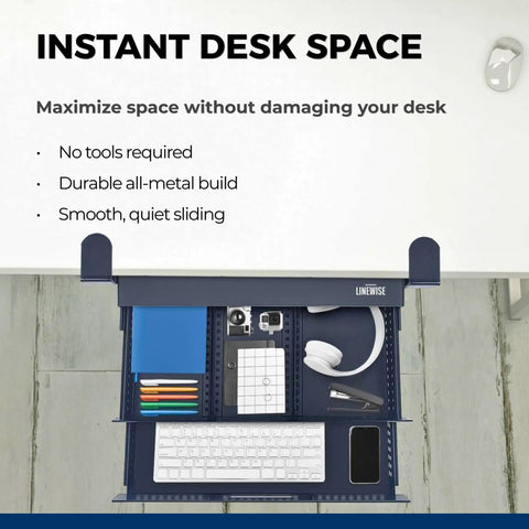 Heavy Duty Carbon Steel Clamp On Under Desk Slide Out Tray Rock Solid Metal Bin No Sweat Setup Super Slick Glide Keeps Desk Clutter In Check Modern Office Storage with smooth gliding all-metal build.