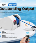 Get Your 25 LBS Electric Anchor Winch With Wireless Remote For Boats In Saltwater! Durable iron windlass kit showing 100ft rope and remote.