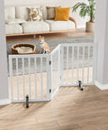 Freestanding Wooden Dog Gate With 3 Panels, 24 Inch Tall, foldable white pet gate in room with sofa and plant