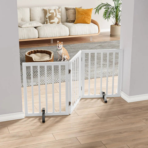 Freestanding Wooden Dog Gate With 3 Panels, 24 Inch Tall, foldable white pet gate in room with sofa and plant