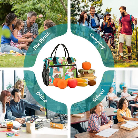 Cactus Desert White Insulated Lunch Bag For Women And Men with fruits and scenes of picnic, camping, office, and school