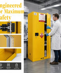 Rock Solid Shop Ready 60 Gallon Steel Flammable Liquid Safety Cabinet With Spill Sump Adjustable Shelves And Grounding Wire For Auto Garages And Job Sites in use, featuring adjustable shelving and secure lock.