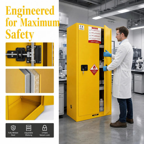 Rock Solid Shop Ready 60 Gallon Steel Flammable Liquid Safety Cabinet With Spill Sump Adjustable Shelves And Grounding Wire For Auto Garages And Job Sites in use, featuring adjustable shelving and secure lock.