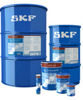 LGHP Two Fifth Bearing Grease for Extreme Temps in blue SKF drums and cans, suitable for high-temp bearings.