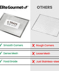 Comparison of heavy duty stainless steel trays for Top Tier Kitchen Workhorse Food Dehydrator with smooth corners and dense mesh.