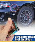 Universal Car Bumper Security Hook Clips Set Quick Release Fasteners For Trunk Bumpers And Fenders Multicolor 105x33mm Two Pack Easy Install Auto Replacement Parts For Cars And DIY Projects shown in hand and installed on vehicle.