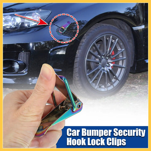 Universal Car Bumper Security Hook Clips Set Quick Release Fasteners For Trunk Bumpers And Fenders Multicolor 105x33mm Two Pack Easy Install Auto Replacement Parts For Cars And DIY Projects shown in hand and installed on vehicle.