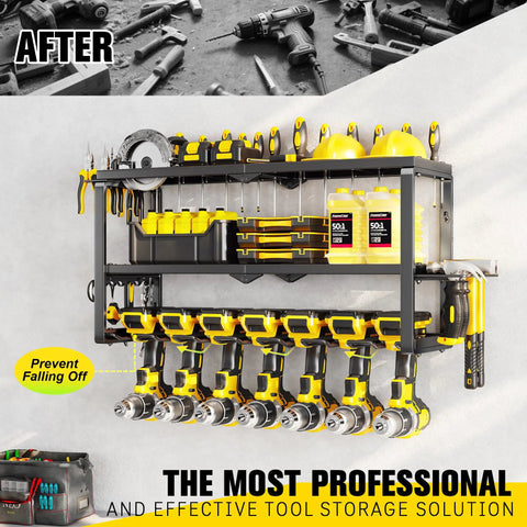 Heavy Duty Power Tool Organizer Wall Mount Rack With 300 LB Capacity, 3 Tier Garage Storage System, 7 Drill Holders For Tools