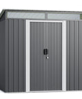 Durable 6x4 Outdoor Metal Storage Shed With Sliding Lockable Doors Bright Clear Panel Windows Built To Last And A Super Handy Tool And Bike Shed For Backyard Or Patio Weatherproof Dark Gray, front view.