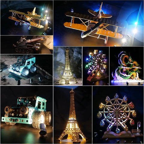 Tiny Battery Operated LED Spotlight Kit 10 Pack SMD Lamps illuminating model airplanes, cars, and Eiffel Tower with warm white glow