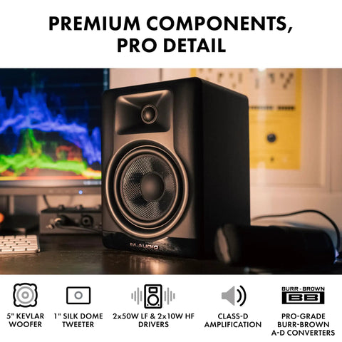 BX5BT 5 Inch Desktop Studio Monitor Speakers With DSP and Bluetooth App Control, 240W Bi-Amped on desk with audio gear