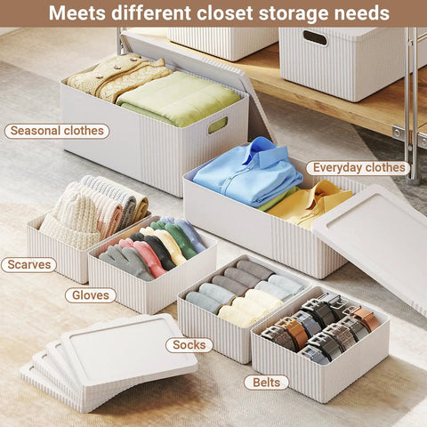 Kickass Plastic Storage Bins With Lids Full Set decorative boxes in ivory organizing clothes, socks, and accessories in a closet.