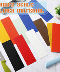 Multicolor G10 spacer sheets set for knife scales in 8 colors, shown with knives, knife handle liner material for DIY kits.
