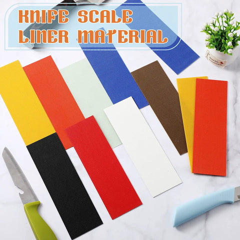 Multicolor G10 spacer sheets set for knife scales in 8 colors, shown with knives, knife handle liner material for DIY kits.