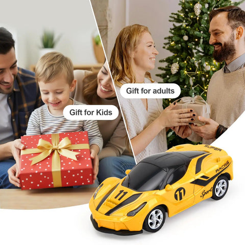 Mini One Sixty Four Scale RC Car With 2.4GHz Remote Control And 3 Speed Modes Rechargeable Desktop Toy Race Car Gift For Boys Ages Four To Twelve Yellow with smiling family exchanging gifts on Christmas