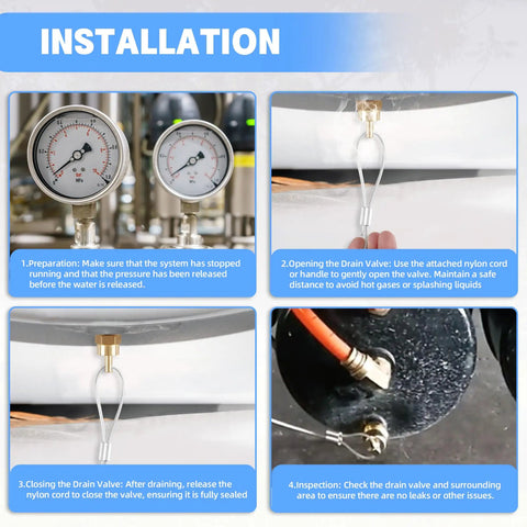 Installation steps for 3/8 Inch Air Tank Drain Valve Plug With 60 Inch Cable Brass Replacement Part For Air Compressors, DIY friendly.