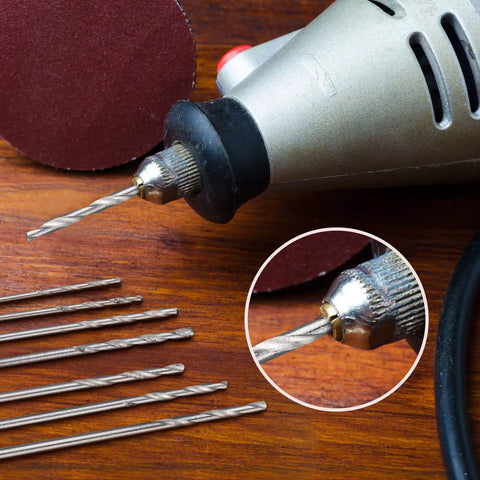Badass Pro Grade Mini Drill Bit Kit Featuring Fully Ground HSS High Speed Steel Twist Blades with mini drill bit in use.