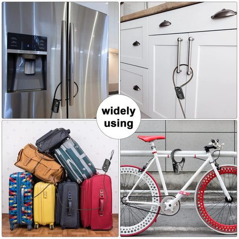 Adjustable Combination Cable Lock With 6.5ft Steel Cord securing fridge, cabinets, luggage, and a bicycle with zinc alloy body.