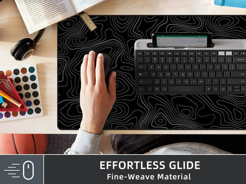 Extra Large Gaming Mouse Pad With Black Topographic Print XXL Desk Mat For Gaming And Work Non Slip Keyboard Pad For Computer Laptop PC Office Setup Pro on desk